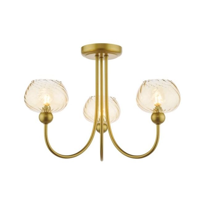Cognac 3 Light Semi-Flush Ceiling Light - Satin Gold with Champagne Ribbed Glass Shades