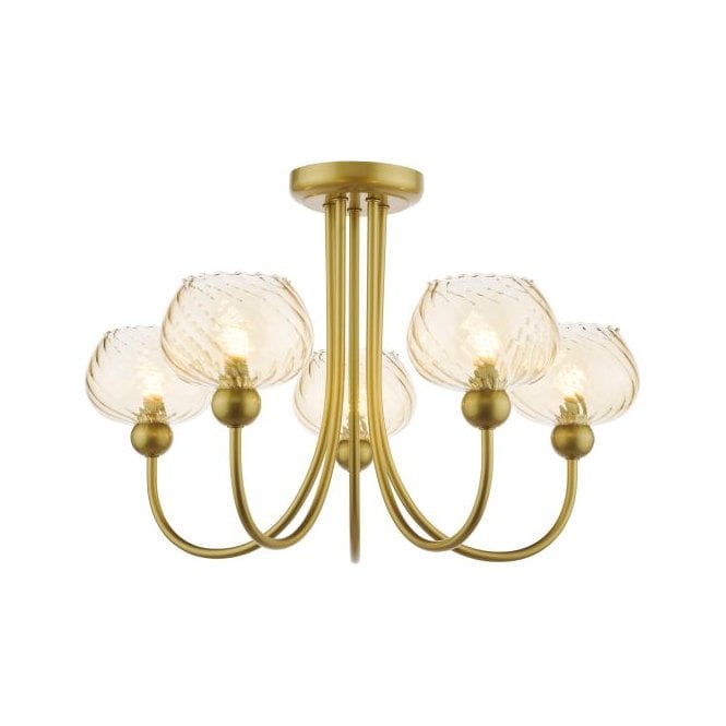 Cognac 5 Light Semi-Flush Ceiling Light - Satin Gold with Champagne Ribbed Glass Shades