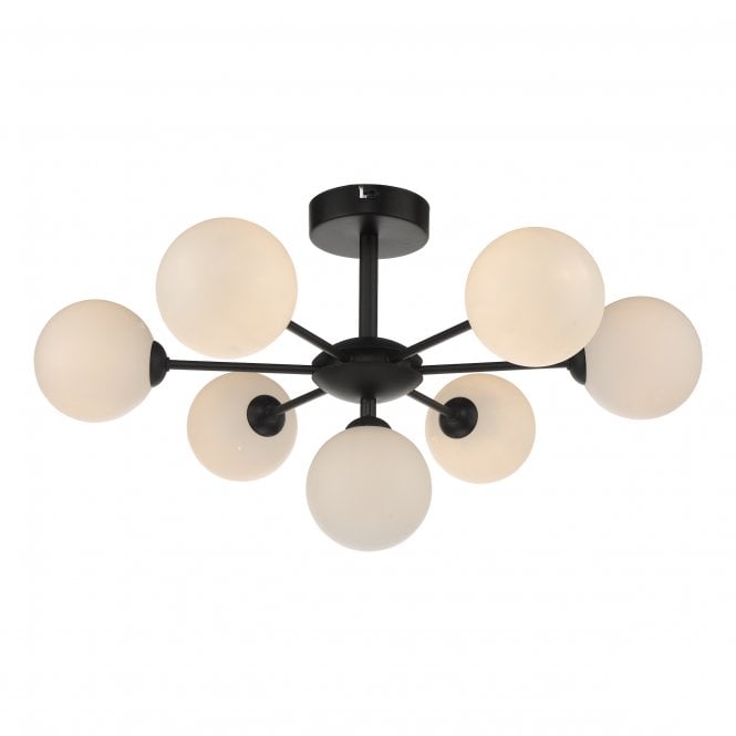 COHEN 7 Light Semi Flush Ceiling Light Matt Black Opal Glass