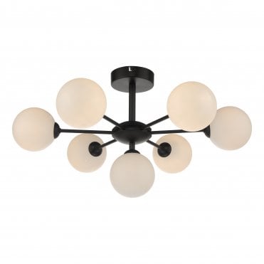 COHEN 7 Light Semi Flush Ceiling Light Matt Black Opal Glass