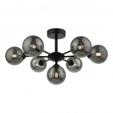 COHEN 7 Light Semi Flush Ceiling Light Matt Black Smoked Glass