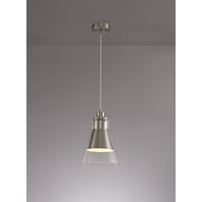CONOID 1 x E27 Ceiling Pendant Light Satin Nickel/Clear Glass Cone Shaped