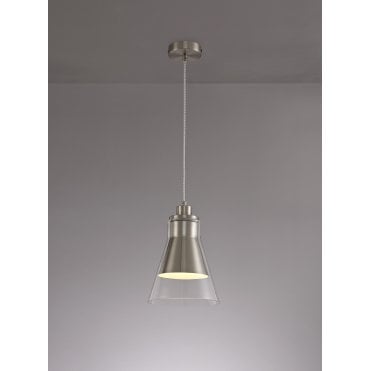 CONOID 1 x E27 Ceiling Pendant Light Satin Nickel/Clear Glass Cone Shaped