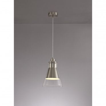 CONOID 1 x E27 Ceiling Pendant Light Satin Nickel/Clear Glass Cone Shaped