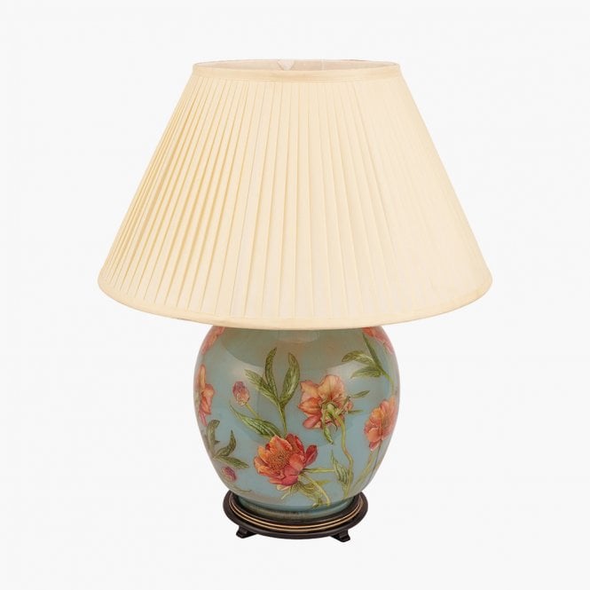 CORAL Peony Large Round Table Lamp with Silk Knife Pleat Balloon Lined Almond Shade 50cm