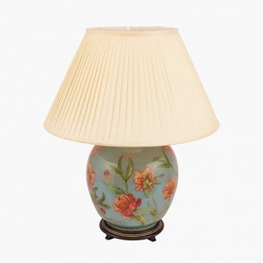 Peony Large Round Table Lamp with Silk Knife Pleat Balloon Lined Almond Shade 50cm