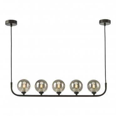 curved bar ceiling pendant in matte black with 5 smoked glass globe shades