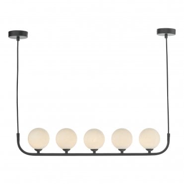 curved ceiling bar pendant in matte black with 5 round opal glass shades