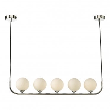 curved bar pendant in chrome with 5 round opal glass shades
