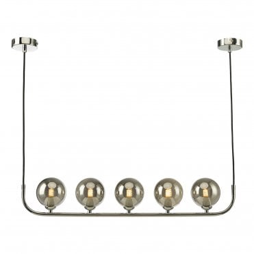 curved chrome bar pendant with 5 round smoked glass shades