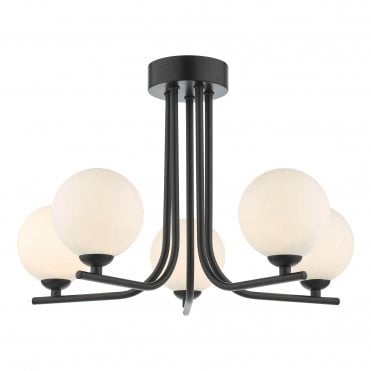 matte black ceiling pendant with 5 opal glass globe shades