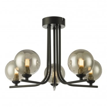 matte black semi flush ceiling light with 5 smoked glass globe lights