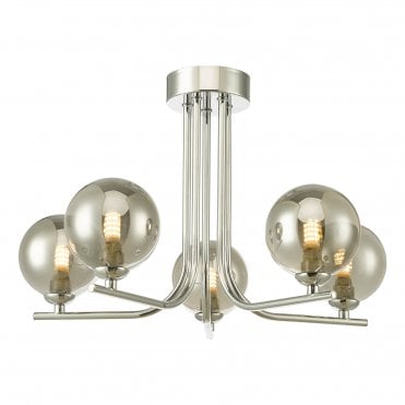 5 light cradle ceiling light in chrome with smoked glass globe shades