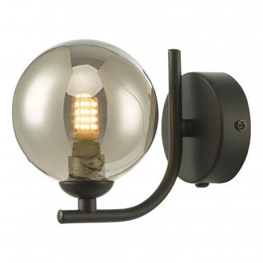 black wall light with round smoked glass shade