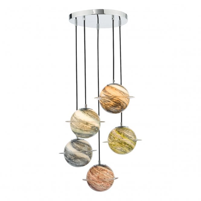 CYGNUS 5 Light Cluster Ceiling Pendant | Polished Chrome and Planet Style Glass