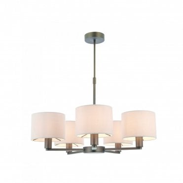 DALEY 5 Light Ceiling Pendant in Antique Bronze & Vintage White Faux Silk Shades