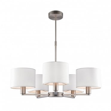 DALEY 5 Light Ceiling Pendant in Matt Nickel Plate & Vintage White Faux Silk Shades