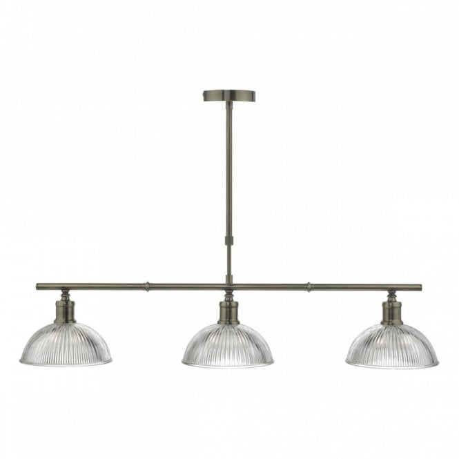 DARA 3 Light Ceiling Bar Pendant Antique Brass & Ribbed Glass Shades
