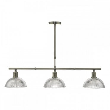 DARA 3 Light Ceiling Bar Pendant Antique Brass & Ribbed Glass Shades