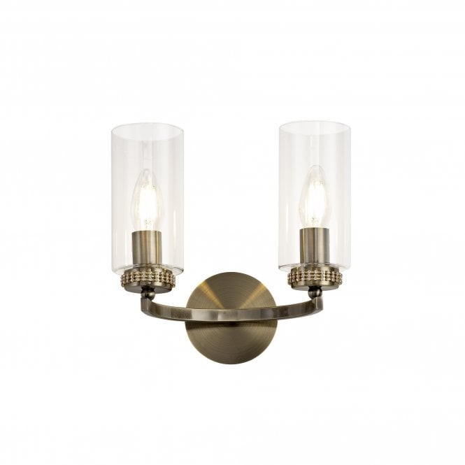 DARETTE 2 Light Wall Light in Antique Brass with Glass Cylinder Shades