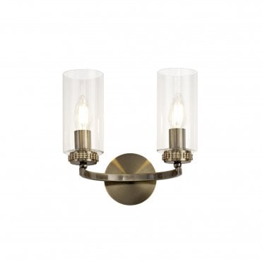 DARETTE 2 Light Wall Light in Antique Brass with Glass Cylinder Shades
