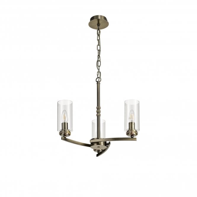 DARETTE 3 Light Ceiling Pendant in Antique Brass with Glass Cylinder Shades