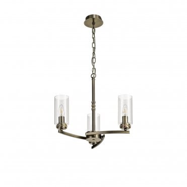 DARETTE 3 Light Ceiling Pendant in Antique Brass with Glass Cylinder Shades
