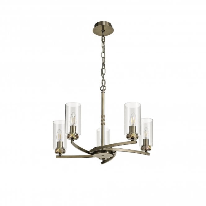 DARETTE 5 Light Ceiling Pendant in Antique Brass with Glass Cylinder Shades