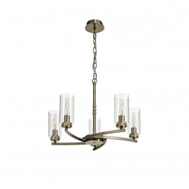 DARETTE 5 Light Ceiling Pendant in Antique Brass with Glass Cylinder Shades