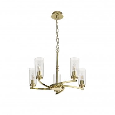 DARETTE 5 Light Ceiling Pendant in Polished Gold with Glass Cylinder Shades