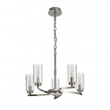 DARETTE 5 Light Ceiling Pendant in Polished Nickel with Glass Cylinder Shades