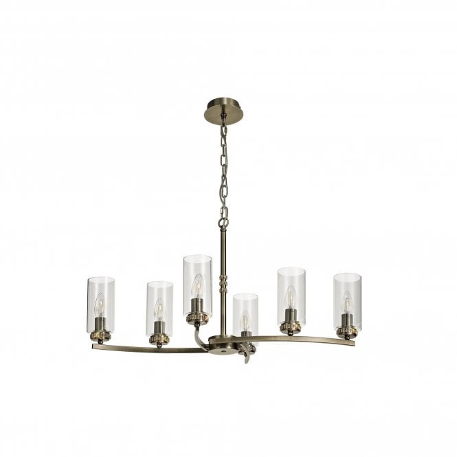 DARETTE 6 Light Ceiling Pendant in Antique Brass with Glass Cylinder Shades
