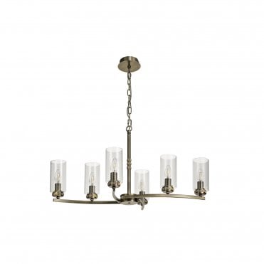 DARETTE 6 Light Ceiling Pendant in Antique Brass with Glass Cylinder Shades