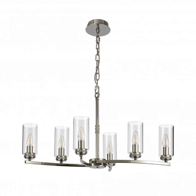 DARETTE 6 Light Ceiling Pendant in Polished Nickel with Glass Cylinder Shades