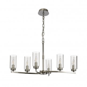 DARETTE 6 Light Ceiling Pendant in Polished Nickel with Glass Cylinder Shades