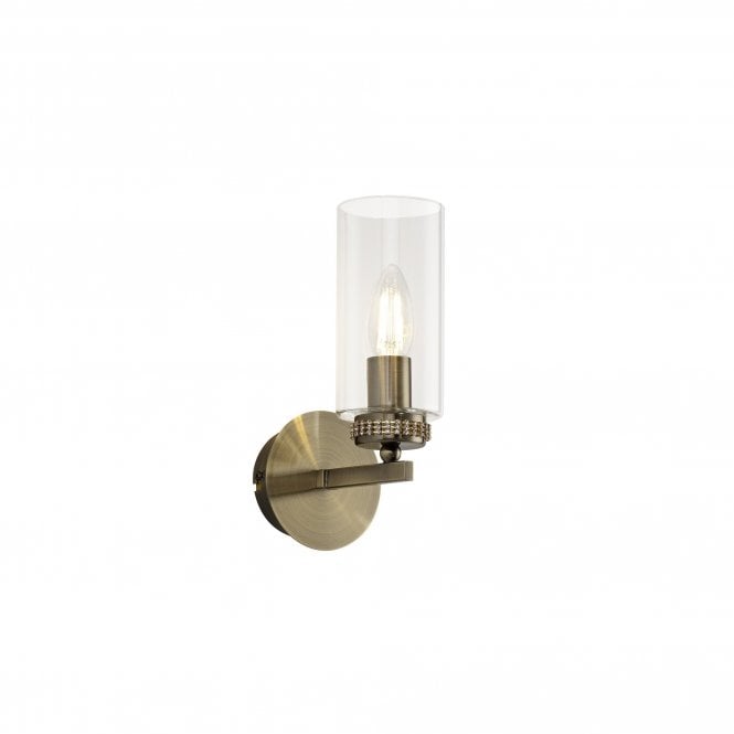 DARETTE Wall Light in Antique Brass & Crystal Detailing with Clear Glass Cylindrical Shade