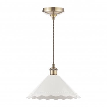 antique brass pendant with white ceramic scallop edge shade