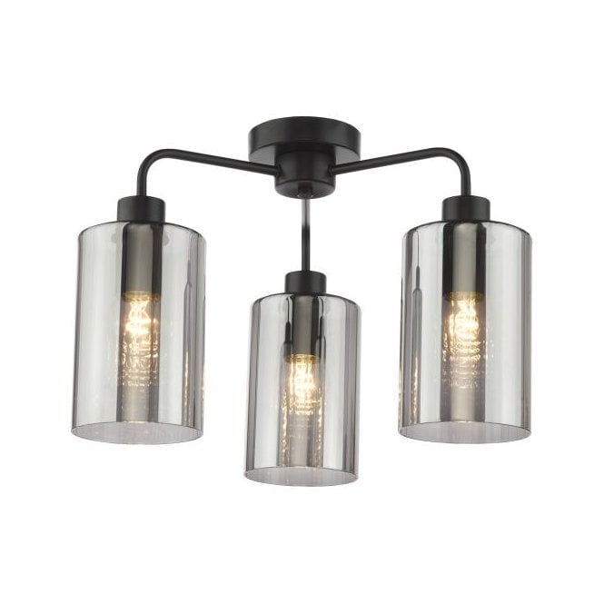 Daylin 3 Light Semi-Flush Ceiling Light - Satin Black with Smoked Ribbed Glass Shades