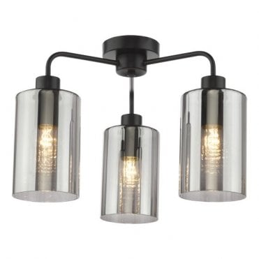 black semi-flush ceiling light with smoked glass shades