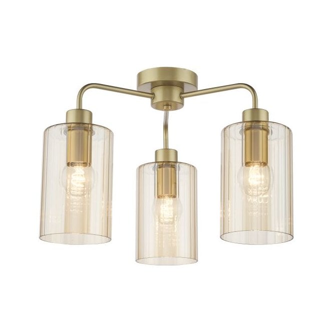 Daylin 3 Light Semi-Flush Ceiling Light - Satin Gold with Amber Ribbed Glass Shades