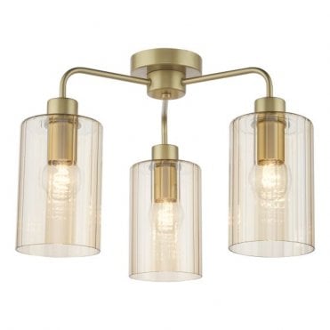 satin gold semi-flush ceiling light with amber glass shades