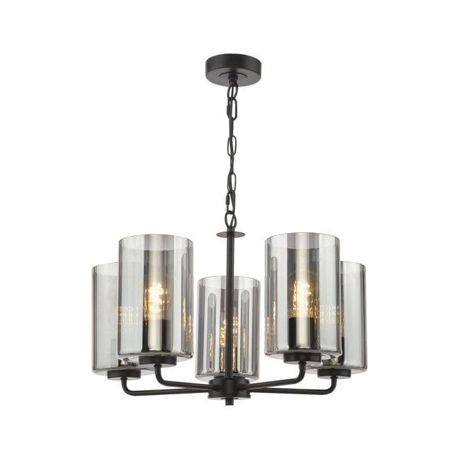 Daylin 5 Light Ceiling Pendant - Satin Black with Smoked Ribbed Glass Shades