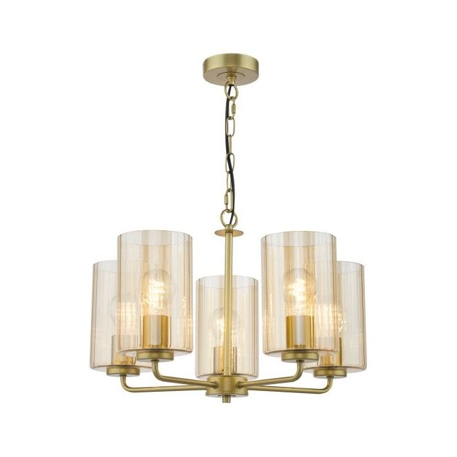 Daylin 5 Light Ceiling Pendant - Satin Gold with Amber Ribbed Glass Shades