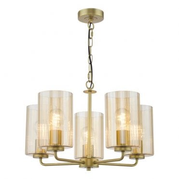 satin gold ceiling pendant with ribbed amber glass shades