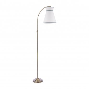antique brass curved arm floor lamp with white shade