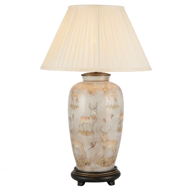 DEER Design on Tall Urn Table Lamp with Silk Knife Pleat Balloon Lined Almond Shade 50cm