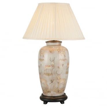 DEER Design on Tall Urn Table Lamp with Silk Knife Pleat Balloon Lined Almond Shade 50cm