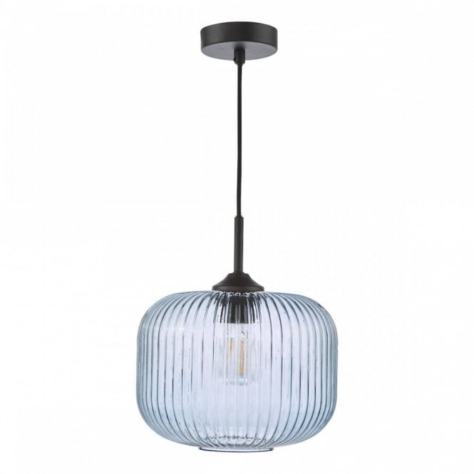 Demarius Ceiling Pendant - Matt Black with Blue Ribbed Glass