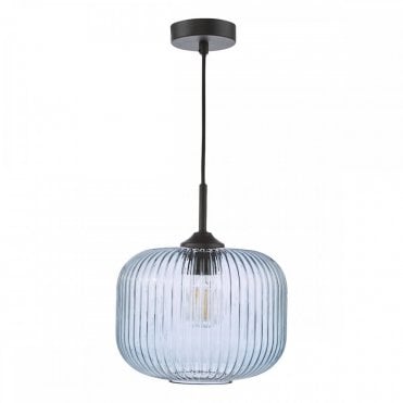 matt black pendant with blue ribbed glass shade