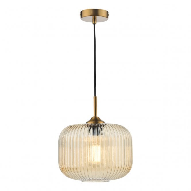 Demarius Ceiling Pendant - Natural Brass with Amber Ribbed Glass